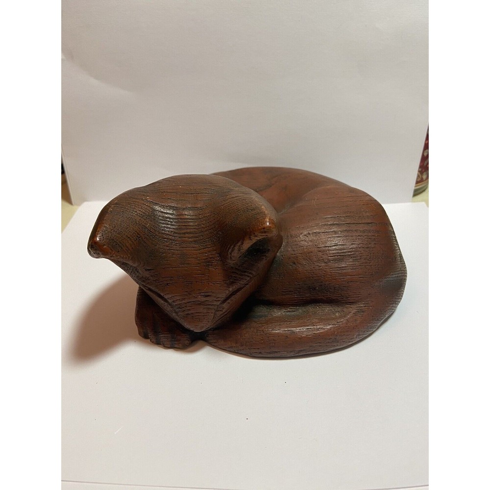 Vintage Wooden Carved Kitten / Cat Sleeping Curled Up Folk Art Kitty SIGNED - Picture 5 of 9